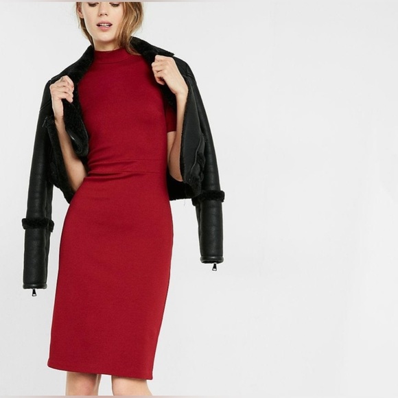 Women’s Express Zip-Back Cranberry Red Mock Neck Short Sleeve Sheath Dress Large - Picture 2 of 7